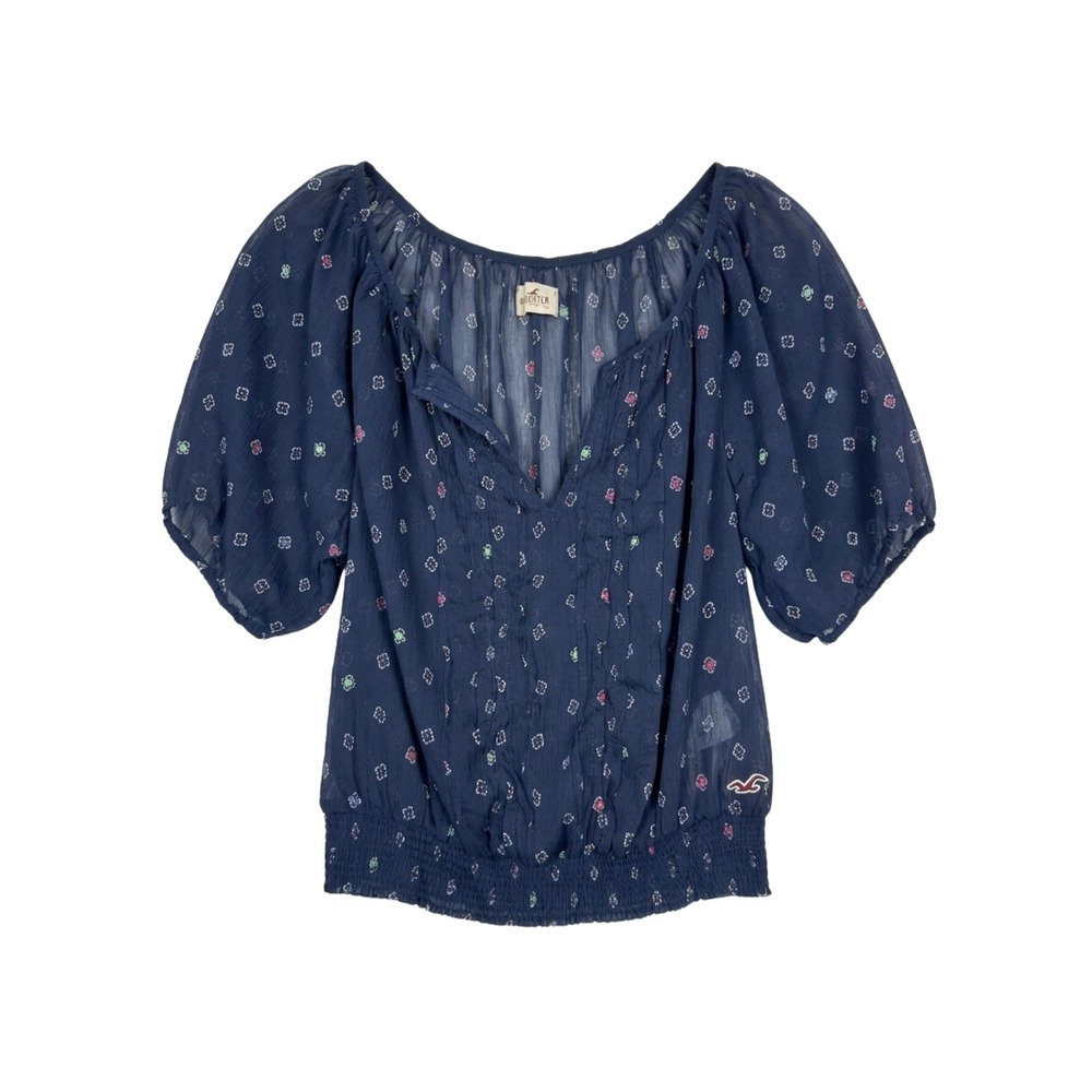 Hollister Peasant Top Women Medium Navy Blue Floral Embroidered Smocked Sheer